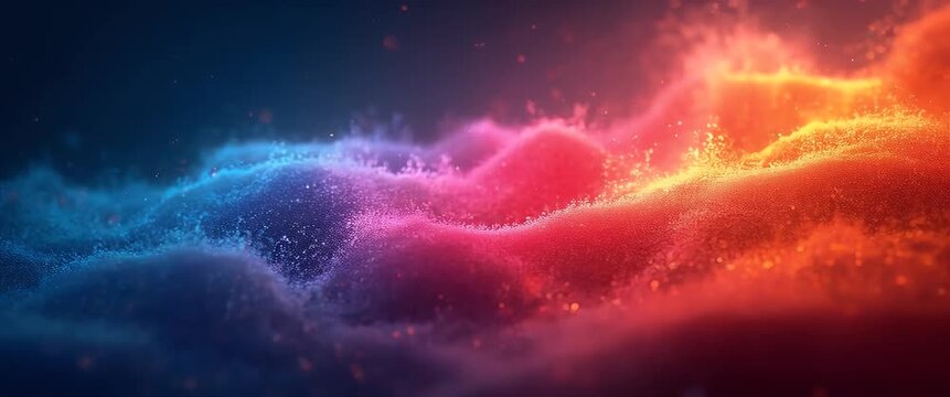 Vibrant abstract waves gently undulate as the camera slowly pans across a surreal, colorful landscape with glowing particles, creating a mesmerizing, cinematic visual experience.