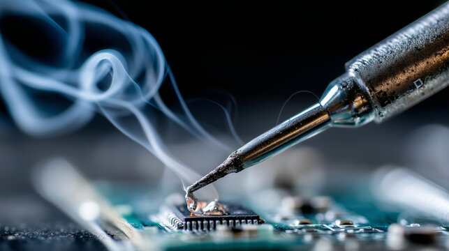 Extreme close-up of a soldering iron touching a circuit board, melting rosin and silver solder display, aesthetic smoke swirl shown, high-tech restoration workshop with focused LED