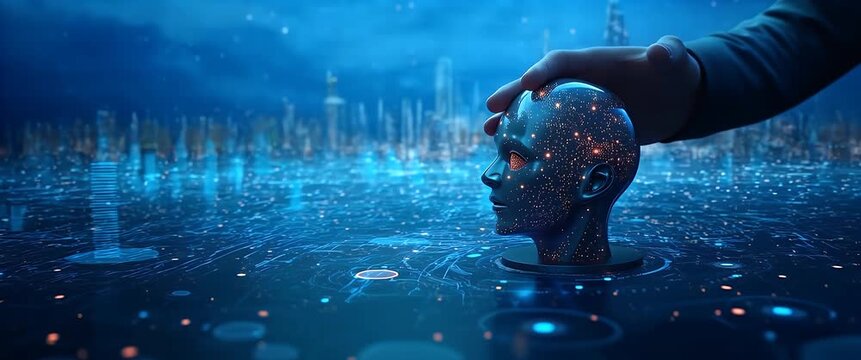 Hand gently rotates digital human head with glowing network, as camera slowly pans over futuristic cityscape; cinematic, technology-driven ambiance.