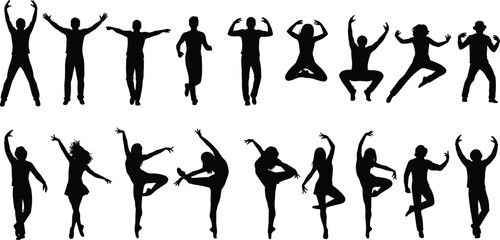 Fototapeta premium Energetic Dancing People Silhouettes Collection, Dynamic Jumping and Ballet Poses Isolated on White Background for Creative Design Use