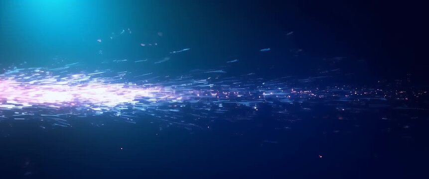 Dynamic digital network visualization with data particles accelerating forward, as the camera smoothly tracks alongside, capturing a futuristic, cinematic style with ambient light flickers.