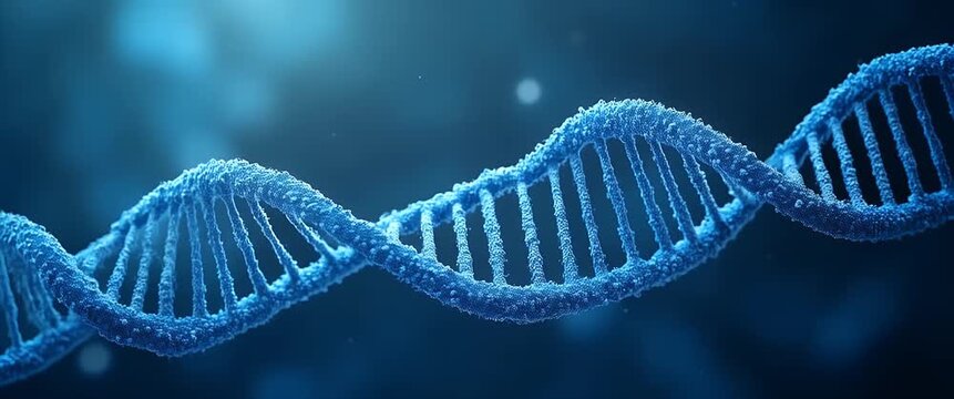 Dynamic 3D DNA Helix Animation: A Cinematic Exploration of Genetic Science with Gentle Rotational Motion, Smooth Camera Pan, and Ambient Particle Movement in a Futuristic Style.