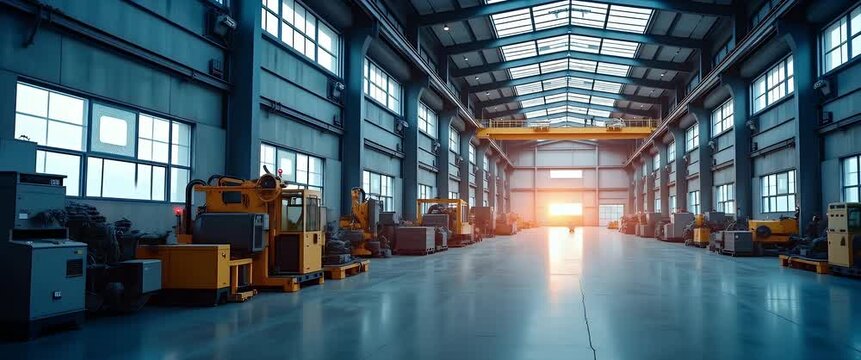 Sunlight streams through an expansive industrial warehouse, casting long shadows over lined machinery; camera slowly pans, capturing the serene, cinematic ambiance of a bustling factory at dawn.