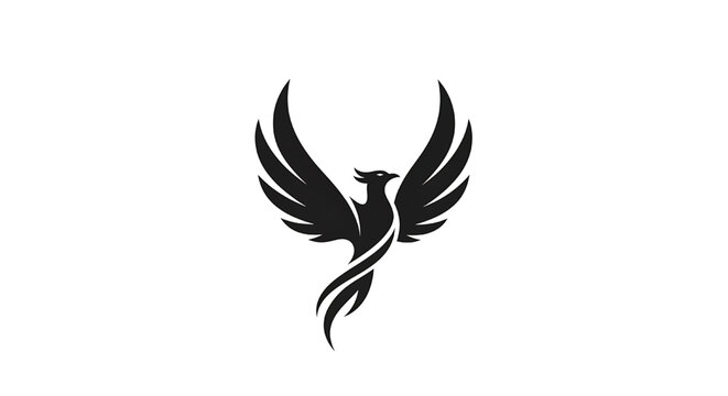 Phoenix bird silhouette logo with spread wings and flowing tail, black abstract emblem on white background, fantasy firebird icon for branding, tattoo, esports