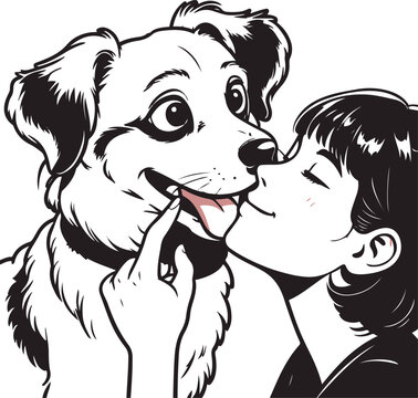 Sticker-style bold outline illustration of a playful dog gently nibbling a human&rsquo;s fingers in friendly love bite, exaggerated thick lines, flat black and white, no texture, isolated