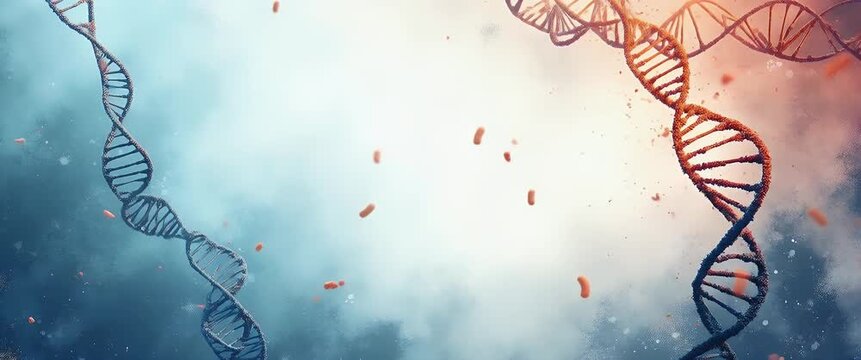 DNA strands twist gracefully in a captivating, cinematic scene as the camera pans slowly through a molecular landscape, with particles gently drifting, offering a mesmerizing science backdrop.