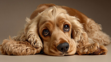 Obraz premium A sad and adorable cocker spaniel lies on the floor with big eyes