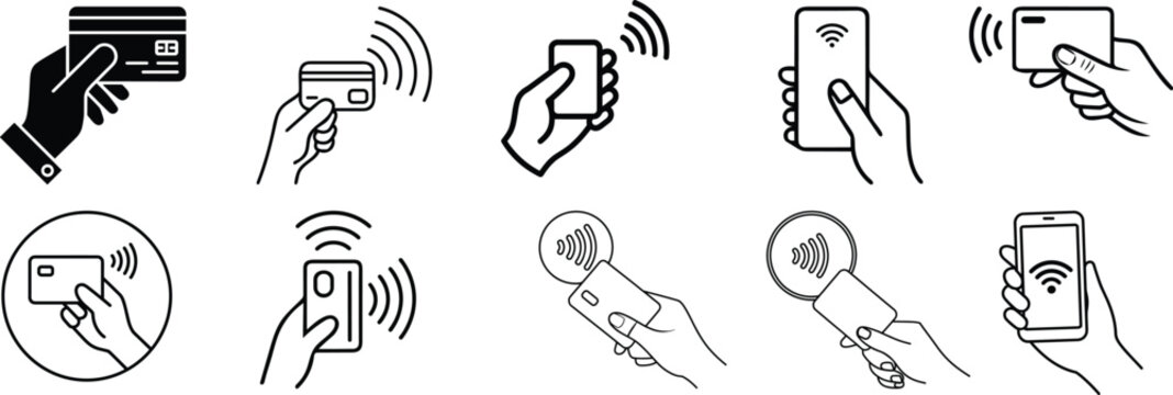 Contactless payment icons, hand holding credit card or phone, tap to pay wireless NFC mobile digital payment