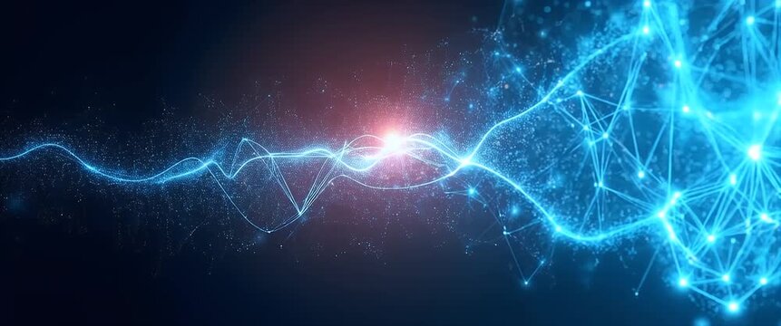 Dynamic digital waveforms pulse gracefully as the camera pans steadily across a vivid, abstract network, showcasing futuristic technology in a mesmerizing, cinematic style.