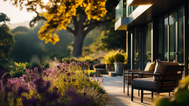 Luxury modern villa featuring elegant garden design, contemporary architecture, manicured landscaping, outdoor living spaces, premium residential property, sophisticated patio area