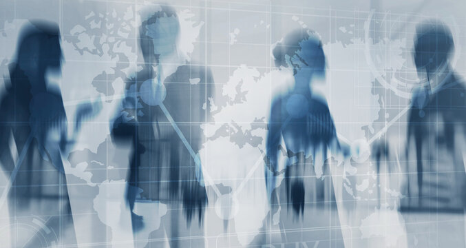 Global communication concept with network lines and people connecting over abstract world map background