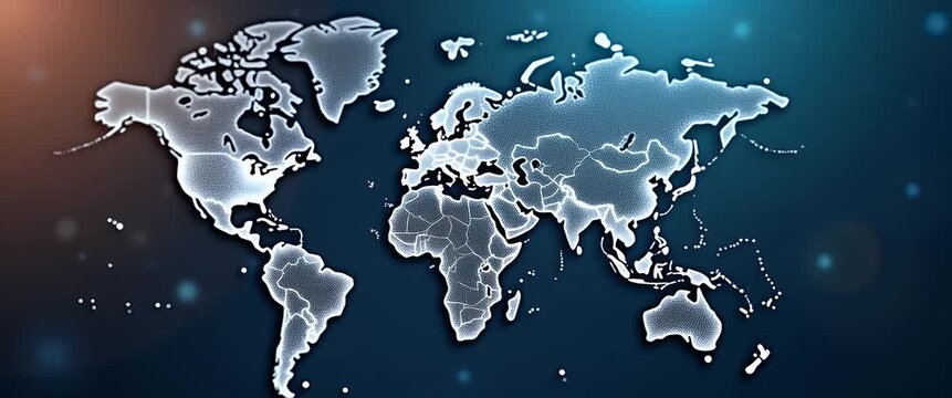 Illuminated world map with glowing borders, gentle ambient lights flickering; camera slowly pans across a digital, futuristic design.