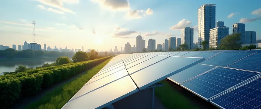 Modern solar panels harness sunlight on a lush green rooftop with a sprawling urban skyline in the background; the camera slowly pans, capturing the serene, cinematic blend of nature and technology.