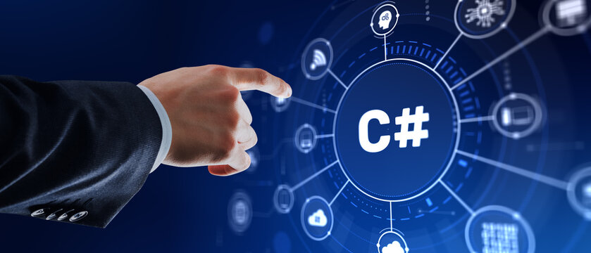 Software developer interacts with C# programming icon on modern IDE interface for application development