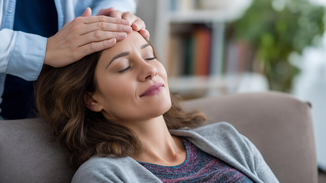 Faceless therapist using hypnosis to heal woman's mental issues in relaxing therapy session setting, psychological treatment, mental health care, with copy space