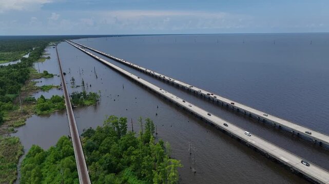 Cars Traveling on raised highway over Louisiana Lake Ponchartrain beside natural wetland bayou at Good Hope, LA