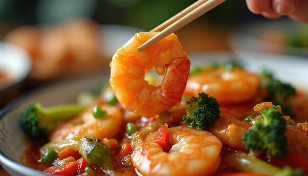 Person uses chopsticks to pick up succulent shrimp from colorful Asian dish with broccoli and peppers. Food is served on a plate, ready for eating. Delicious meal preparation.