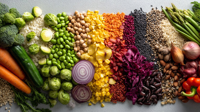 A vibrant rainbow of vegetables and grains arranged on a clean surface