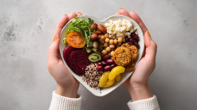 A person holding a heart shaped plate of various healthy foods and vegetables