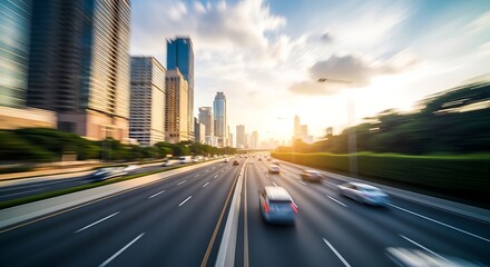 Fototapeta premium Blurred motion of cars driving on a multilane highway with cityscape and sunset in the background