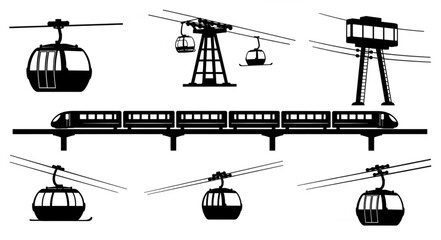 Collection of cable cars and monorail train silhouettes. © Chanyan