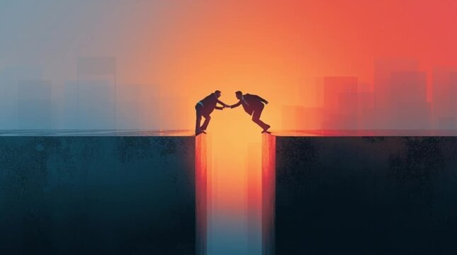 Two people assisting each other across a gap at sunset with a cityscape reflection