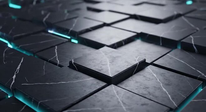 An abstract grid of dark marble blocks with glowing purple and white light emanating from gaps