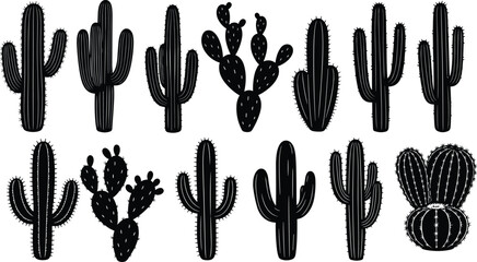 Black Cactus Silhouettes Set Featuring Saguaro Prickly Pear and Desert Plant Icons for Southwest Branding Nature Illustration Wild West Decor and Succulent Garden Graphics