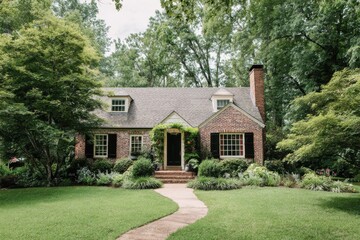 Obraz premium Brick house with green plants and trees in a suburban area taken during daytime in summer showing a neat garden and walkway