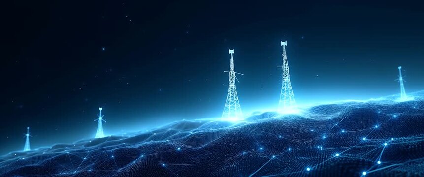 Futuristic communication towers glow softly as the camera slowly pans over a digital landscape with gently flickering lights, creating a cinematic, high-tech ambiance.