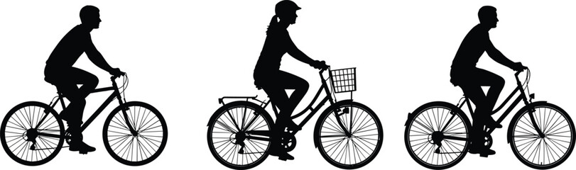 Obraz premium Black silhouette illustration of three cyclists riding bicycles, including male and female riders with helmet, basket, and rack, symbolizing diversity in cycling styles