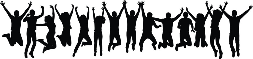 Obraz premium Group of happy people jumping together, energetic silhouette crowd celebrating success isolated on white background for teamwork concept