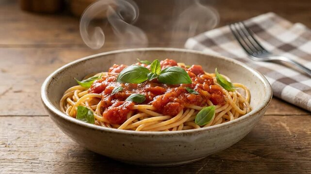Steaming spaghetti with fresh basil on a rustic wooden table.