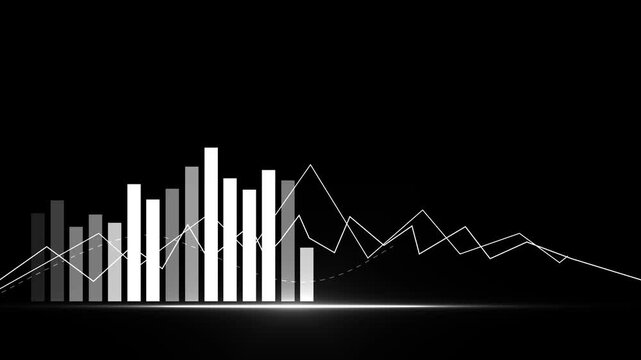 Minimalist black financial bar and line chart 2027 animation, Stylized black background financial chart with illuminated bar and line graphs