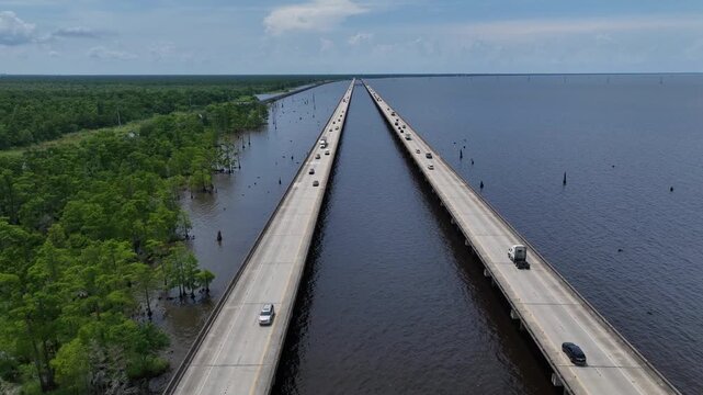 Cars Traveling on raised highway over Louisiana Lake Ponchartrain beside natural wetland bayou at Good Hope, LA
