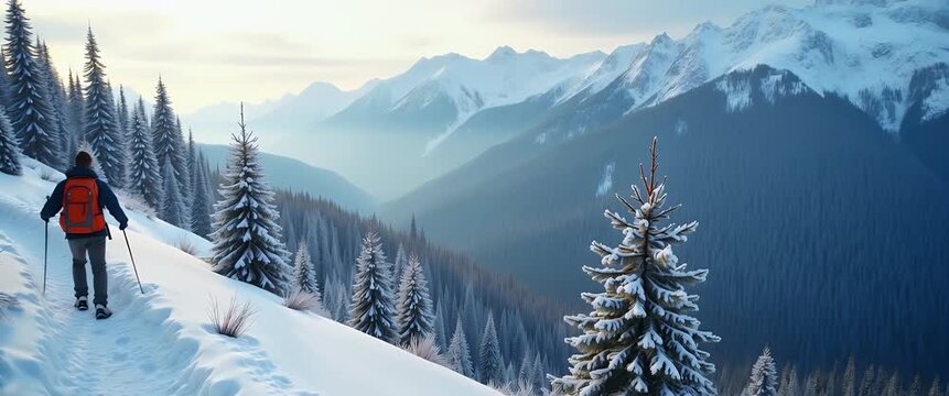 Solo adventurer follows winding trail through frosty pines reaching mountain crest during crisp winter hike framed by icy vistas and muted daylight ambiance. in  Photo Stock  Concept  and empty space 