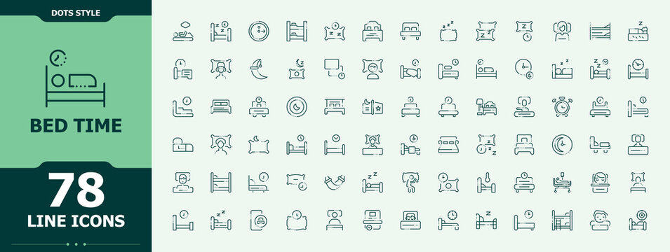 Bed Time icon set. Featuring bedroom, relax, comfortable, sleeping pill, sleep, slipper and more. Rest icon collection. Vector icons collection. Editable vector art.