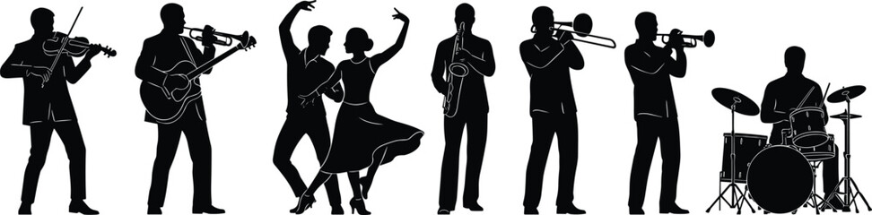 Mega collection of black silhouettes of professional jazz musicians playing instruments and a couple dancing isolated on white background for live music event designs © Mijanur