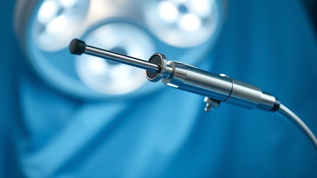 Slender laparoscope with polished metal surface reflecting light, on a medical tray with professional lighting. product launch decks.