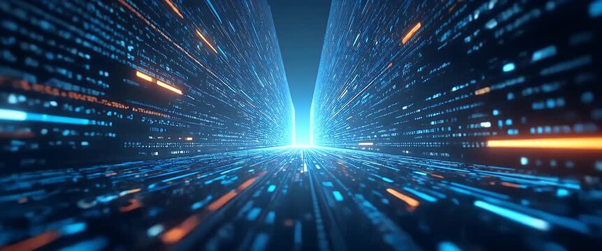 Futuristic digital data stream with glowing lines in motion, camera gently tracking forward through a neon-lit cyber corridor, creating an immersive, cinematic technology experience.