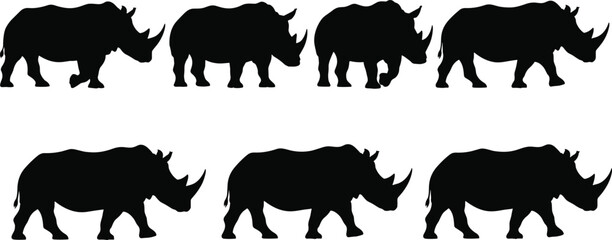 Black rhinoceros silhouette collection set featuring various walking poses isolated on white background for wildlife conservation graphics safari animal design and nature vector illustrations © Mst