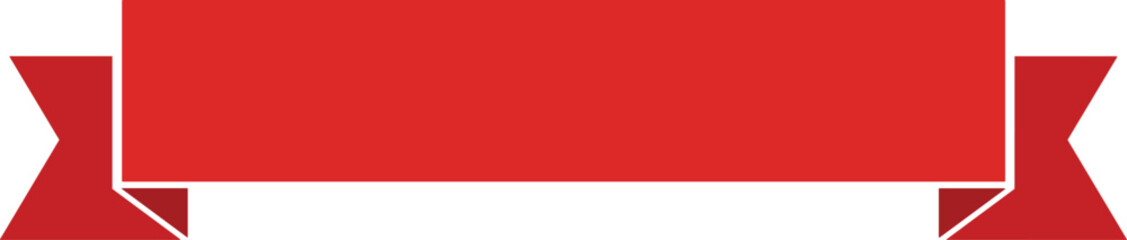 Red ribbon banner template, decorative award label, blank promotional badge design, flat vector illustration, festive celebration element isolated on white background