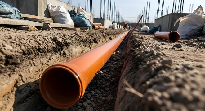 Underground Pipe Installation: Long orange drainage pipe in construction trench, civil engineering, water management system, infrastructure development, utility and site work concept