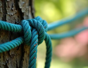 Teal nylon rope tied securely with knot around rough bark tree trunk. Cord pulls taut, stretching outward into blurred green background. Nature restraint visible.