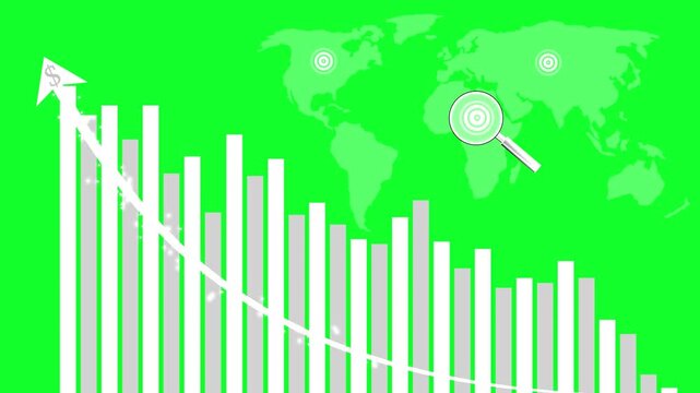 Global decline bar chart with trend line animation, Monochrome bar chart with declining trend line and world map background
