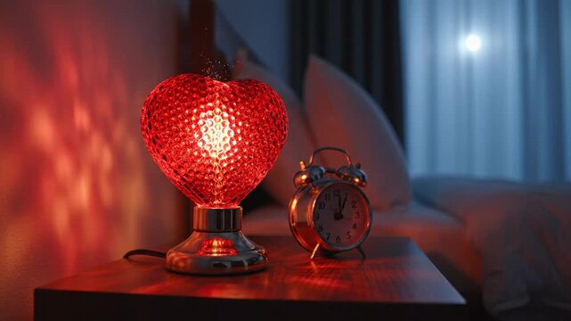 Romantic heart shaped lamp on bedside table with alarm clock