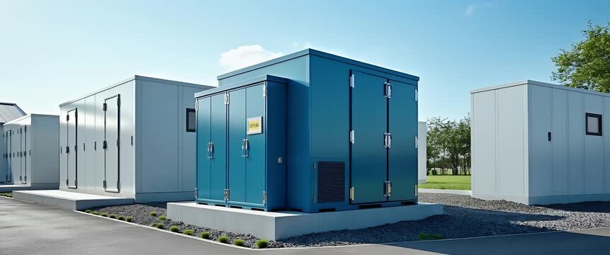 Modern industrial storage units under bright sunlight, camera pans slowly across sleek metal structures, gentle breeze sways nearby trees, cinematic style with ample copy space.