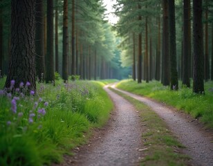 Obraz premium Gravel forest path curves through tall pine trees with green grass and purple wildflowers. This tranquil natural scene offers a sense of calm adventure and exploration.