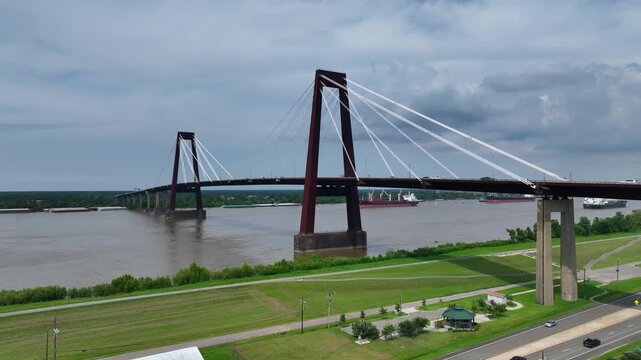 Cars traveling on Hale Boggs Memorial Bridge, a cable-stayed bridge over the Mississippi River in St. Charles Parish in Louisiana