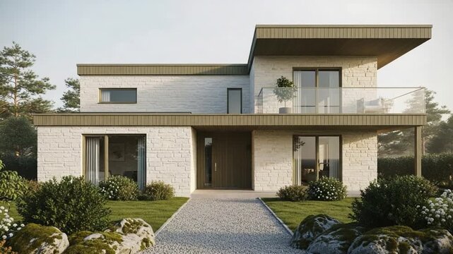 Modern minimalist luxury house exterior with flat roof and large glass windows, landscaped garden and stone pathway leading to entrance, daytime real estate architecture video